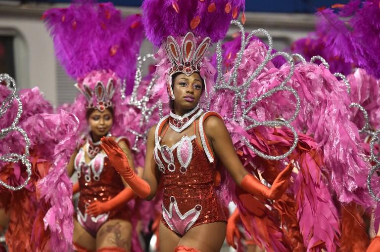 Revelers of the Vai-Vai samba school perform honoring France with their performance "Je suis Vai-Vai. Bem-Vindos a França!" during the second night of the carnival parade at the Sambadrome in Sao Paulo, Brazil, on February 7, 2016. France Consul General Demian Loras marched along with Vai-Vai samba school. AFP PHOTO / NELSON ALMEIDA / AFP / NELSON ALMEIDA