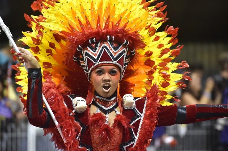 Revelers of the Vai-Vai samba school perform honoring France with their performance "Je suis Vai-Vai. Bem-Vindos a França!" during the second night of the carnival parade at the Sambadrome in Sao Paulo, Brazil, on February 7, 2016. France Consul General Demian Loras marched along with Vai-Vai samba school. AFP PHOTO / NELSON ALMEIDA / AFP / NELSON ALMEIDA