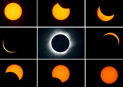 A combination photograph shows the beginning (top L) to the end (top L to bottom R) of a total solar eclipse as seen from the beach of Ternate island, Indonesia, March 9, 2016.  REUTERS/Beawiharta