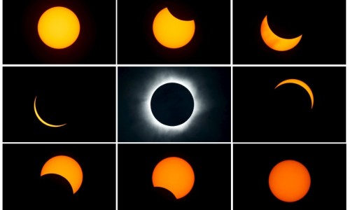 A combination photograph shows the beginning (top L) to the end (top L to bottom R) of a total solar eclipse as seen from the beach of Ternate island, Indonesia, March 9, 2016. REUTERS/Beawiharta