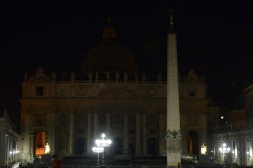 A picture shows St Peter's basilica at night with the lights turned off during the WWF "Earth Hour" campaign for global climate change awareness on March 16, 2016 in Rome. Lights went off in thousands of cities and towns across the world on today for the annual Earth Hour campaign, which is aiming to raise money via the Internet for local environmental projects. / AFP / VINCENZO PINTO (Photo credit should read VINCENZO PINTO/AFP/Getty Images)