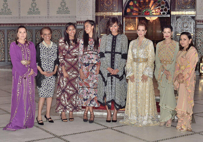 Michelle, Malia and Sasha Obama Coordinate in Paisley Prints for Dinner in Morocco