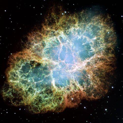 The best-known wind nebula is the Crab Nebula, located about 6,500 light-years away in the constellation Taurus. At the center is a rapidly spinning neutron star that accelerates charged particles like electrons to nearly the speed of light. As they whirl around magnetic field lines, the particles emit a bluish glow. This image is a composite of Hubble observations taken in late 1999 and early 2000. The Crab Nebula spans about 11 light-years. Credits: NASA, ESA, J. Hester and A. Loll (Arizona State University)