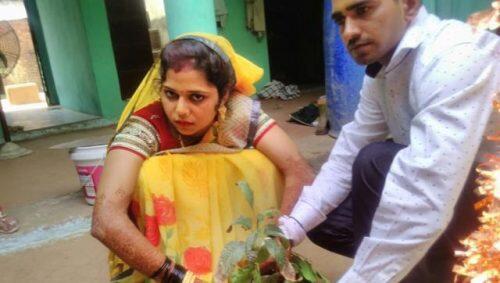 Priyanka Bhadoriya plants a mango sapling with her husband after her wedding on Friday. (HT Photo)