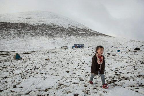 A Tibetan nomad child walks at a temporary camp for cordycep harvesters near Sershul after a fresh snowfallKevin Frayer/Getty Images
