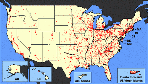 USA fresh water pollution map. 