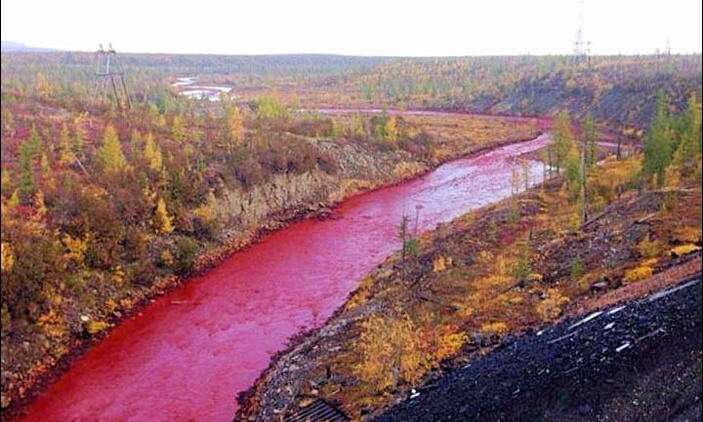 Russia probes river turning bright red